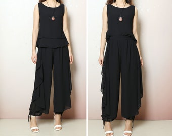 Chiffon Top and Skirt Pants Set: Sleeveless Summer Suit
