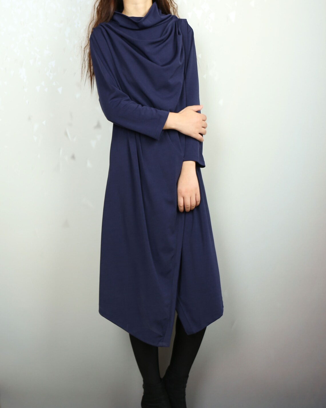 V-neck Appliqued 3/4 Sleeves Asymmetrical Dress Dark Navy main image 1