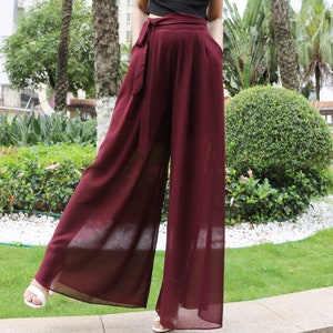 Wide leg Pants, Chiffon Skirt Pants, Summer Pants, Women&#39;s Pants, Chiffon trousers, long pants, elastic waist pants (K2039)