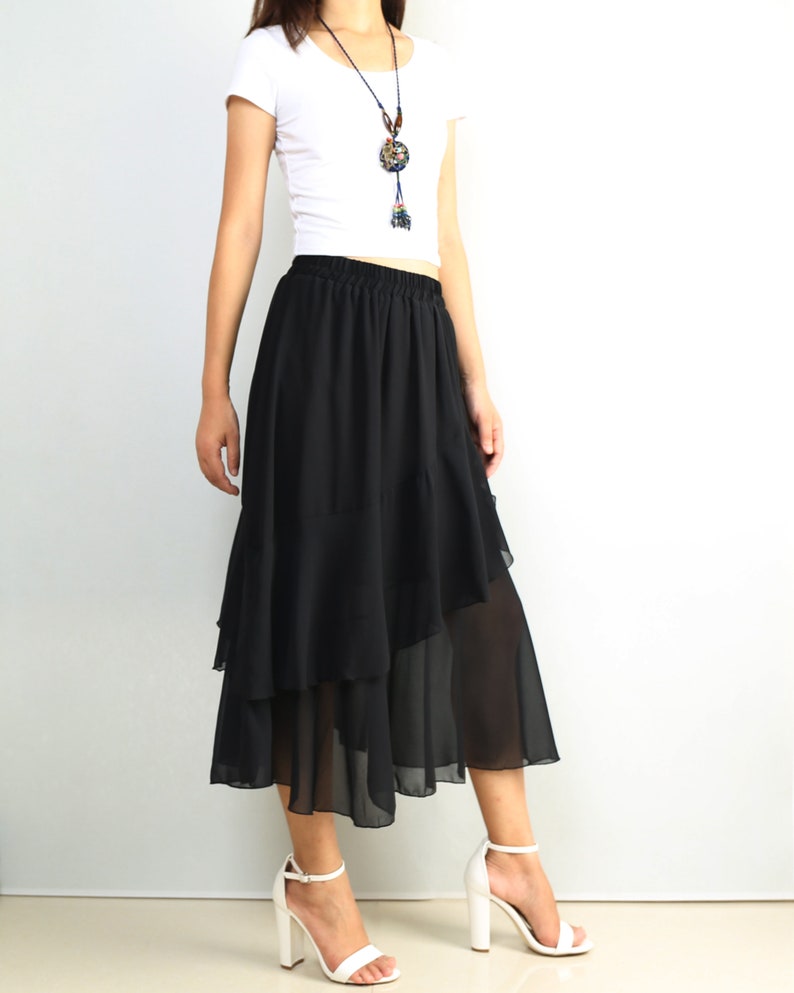 Silk Chiffon Elastic Waist Skirt With Italian Black Print For Women Lightweight Summer Wear