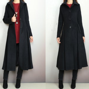 Long wool coat women, Cashmere coat, black coat, winter coat, flare coat, buttoned jacket, wool overcoat (Y2132)