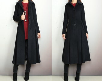 Long wool coat women, Cashmere coat, black coat, winter coat, flare coat, buttoned jacket, wool overcoat (Y2132)