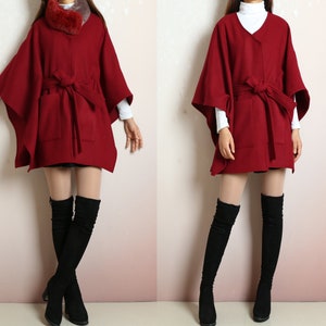 Wool cape coat, fur coat, wool poncho, wool cloak jacket, winter coat, wool cloak, wine red coat. cape coat with fur collar(Y2188)