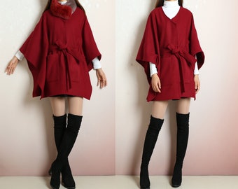 Wine Red Wool Cape Coat with Detachable Fur Collar