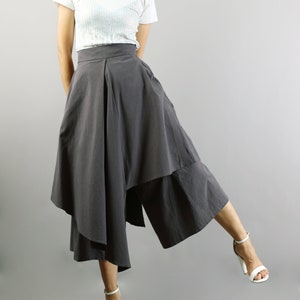 Burgundy asymmetric linen crop pants oversize wide leg pants trousers