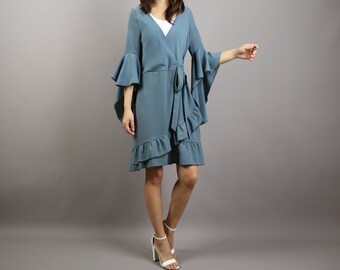 Women's v-neck dress, tunic dress for women, asymmetrical tunic top, half sleeve shirt dress, Plus size top, flare sleeve dress (Q2152)