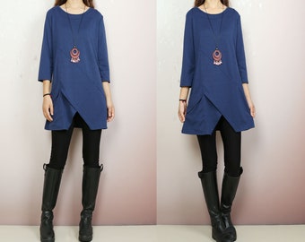 Boho tunic tops, 3/4 sleeve cotton tunic top, casual loose t-shirt, women's dark blue long tops(Y2008)