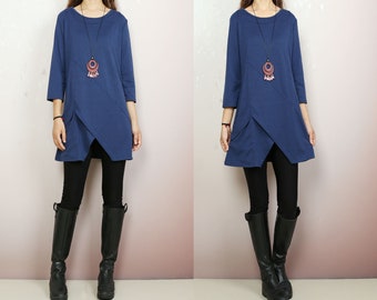 Boho Cotton Tunic Top: Dark Blue 3/4 Sleeve