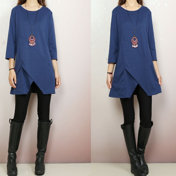 Top tunica in cotone boho: manica 3/4 blu scuro