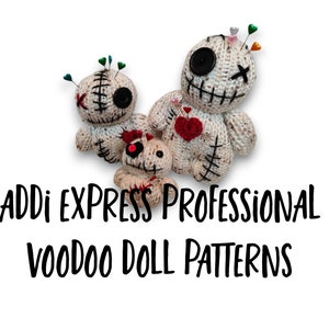 Può includere: Tre bambole voodoo all'uncinetto con spilli, punti e un cuore rosso. ADDI EXPRESS PROFESSIONAL VOODOO DOLL PATTERNS. COMPATIBLE WITH OTHER 22-NEEDLE CIRCULAR KNITTING MACHINES.