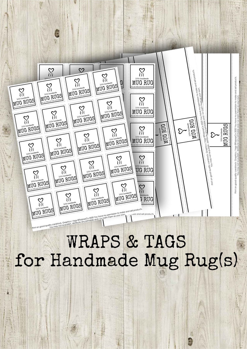 MUG RUG Tag Wrap Label for crochet knitting Printable label Packaging Market Display, Downloadable PDF, Coaster image 1