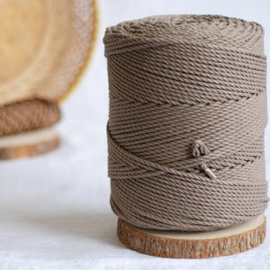 May include: A large spool of taupe macrame cord, tightly wound, sits on a small wooden slice. The cord's texture is visible. A decorative plate and pinecone are in the background, enhancing the natural theme.