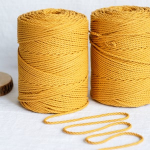 May include: Two spools of mustard-yellow macrame cord are displayed on a white surface. The cord is tightly wound, with a length unraveled in a wavy line. A small wooden disc is in the background. Ideal for craft projects.