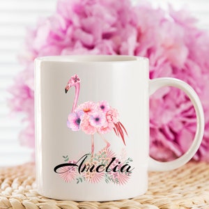 Taza de café y té personalizada con el nombre de un hermoso flamenco