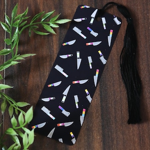 LGBTQ+ bookmark | Gothic pride artwork featuring knives of bi, lesbian, transgender flags, and more | Witchy occult stationery | Spooky gift