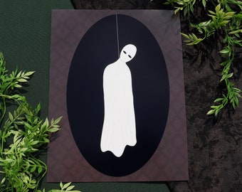 Spooky art print of a hanging ghost on a vintage style background perfect addition to your Halloween décor | Creepy gothic home décor