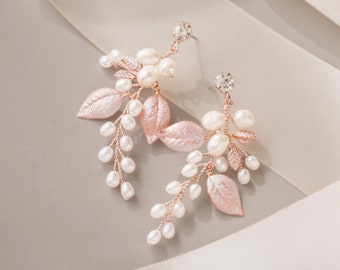 Wedding Boho Pearl Earrings | Bridal Leaf Earrings | Bridal Vine Earrings | Rose Gold Wedding Earrings | Silver Bridal Earrings