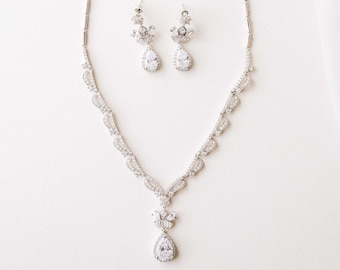 Ensemble de collier de mariée en argent | Bijoux de mariage en cristal | Ensemble de bijoux de mariée | Collier de mariée, ensemble de boucles d'oreilles pendantes | Bijoux de mariée en or rose