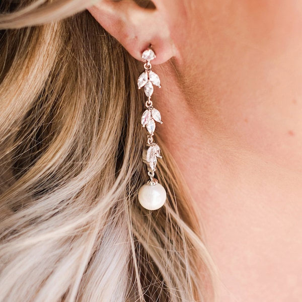 Bridal Pearl Earrings | Bridesmaid Earrings | Drop Earrings | Rose Gold Wedding Earrings | Leaf Dangle | Hundred Hearts