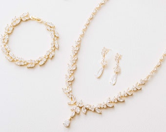 Bridal Necklace, Earrings Set | Crystal Bridal Jewelry Set | Bridal Bracelet, Drop Earrings | Wedding Jewelry | Silver Bridal Jewelry