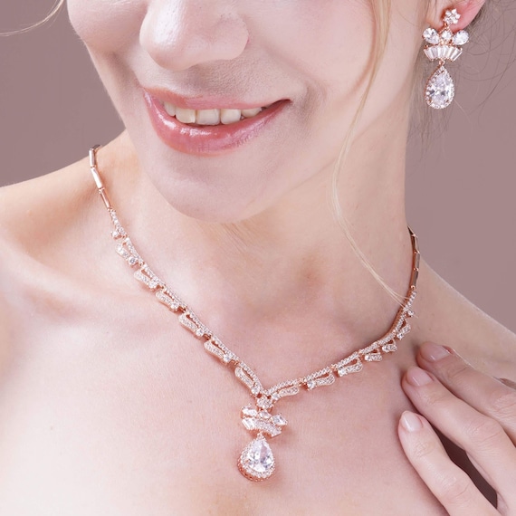 Silver Bridal Necklace Set , Crystal Wedding Jewelry , Bridal Jewelry Set , Bridal Necklace, Drop Earrings Set , Rosegold Bridal Jewelry
