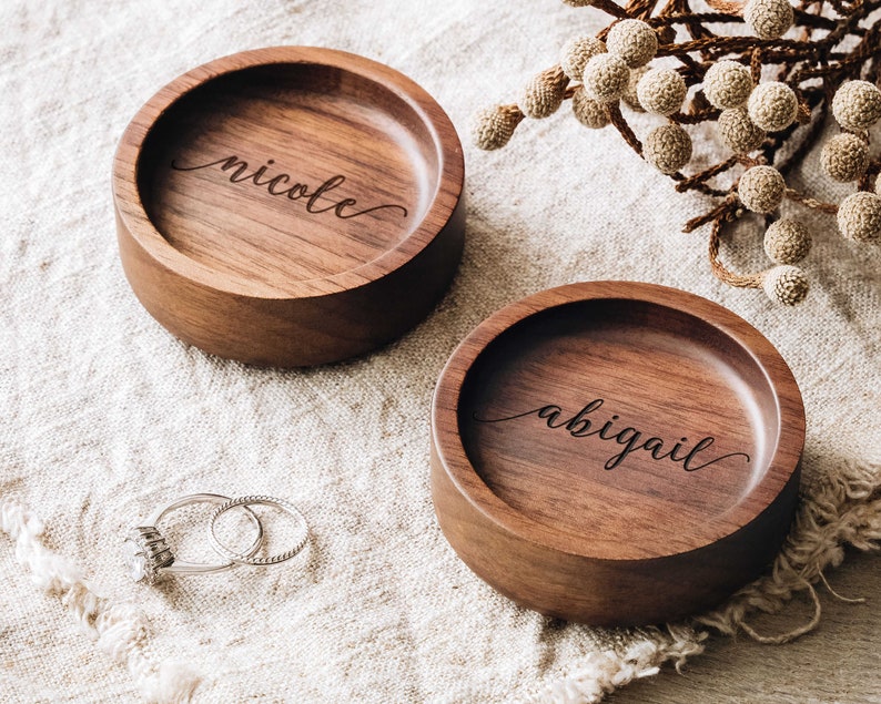 Wedding Wood Ring Dish, Custom Round Wood Ring Dish, Engagement Gifts, Ring Holder Personalized , Wedding Gift, 5th Anniversary Gift for Him image 9