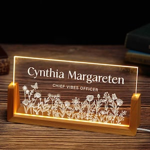 Personalized Desk Name Plate, Desk Name Plate with Wooden Base, Gift for Him, Lighted Name Sign, Office Gifts, Corporate Desk Accessories