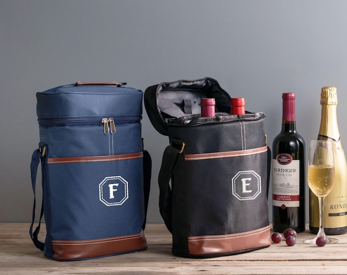 Personalized Two Bottle Wine Cooler Bag, Fathers Day Gift, Groomsman Gift, Bachelor Party Gift, Custom Wine Tote, Insulated Wine Carrier