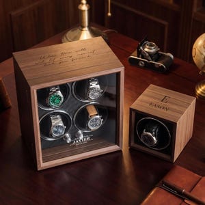 Personalized Wood Watch Winder, Anniversary Gift, Custom Engraved Automatic Wooden Box [N]