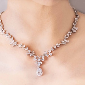 Bridal Jewelry Set | Crystal Bridal Necklace Set | Wedding Jewelry | Silver Bridal Necklace, Drop Earrings Set | Rosegold Bridal Jewelry