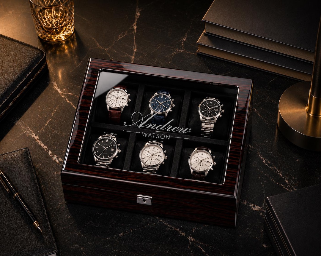 Personalized Ebony Wood Watch Box: 6 or 10 Slot Piano Black