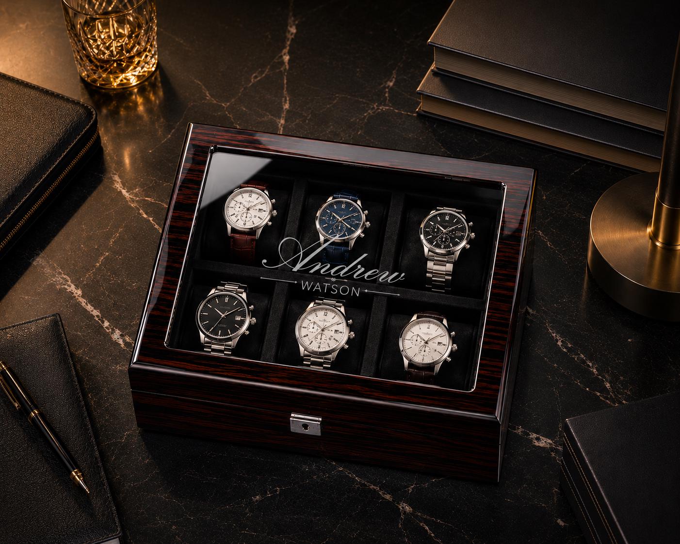Personalized Ebony Wood Watch Box: 6 or 10 Slot Piano Black 