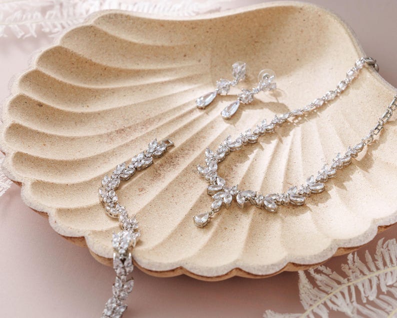 Bridal Necklace, Earrings Set , Crystal Bridal Jewelry Set , Bridal Bracelet, Drop Earrings , Wedding Jewelry , Silver Bridal Jewelry image 5