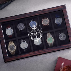 Aangepaste horlogedoos pianolak, vaderdagcadeau, gepersonaliseerd mannencadeau, horloge-opslag voor 6 of 10 sloten, gegraveerde horloge-opberger