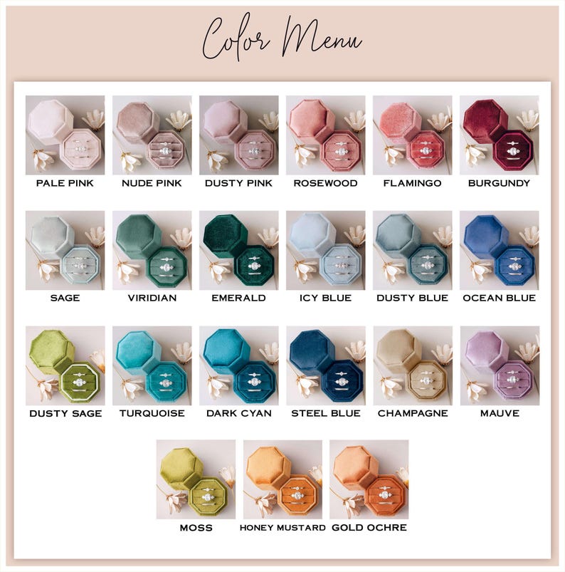 Portagioie in velluto a triplo scomparto, 21 colori, personalizzabile con anelli di fidanzamento, matrimonio, matrimonio o monogramma, ideale anche come portagioie per la proposta di matrimonio. immagine 2