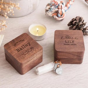 May include: Two square dark wood keepsake boxes with engraved text and paw prints. One box is engraved with "Bailey" and "2010-2025," the other with "love," "LILY," and "2008-2023." A small glass vial with a silver wing charm and a heart tag is included.