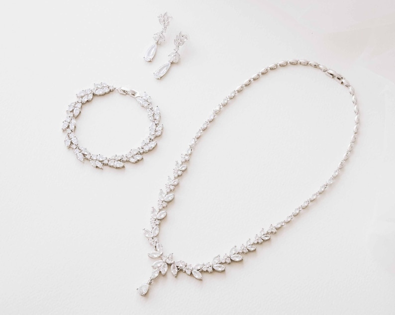 Bridal Necklace, Earrings Set , Crystal Bridal Jewelry Set , Bridal Bracelet, Drop Earrings , Wedding Jewelry , Silver Bridal Jewelry image 6
