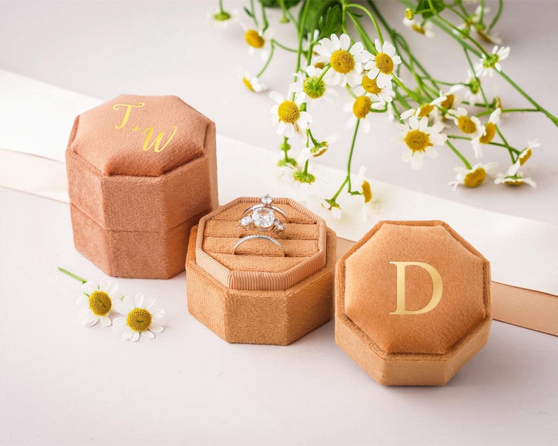 Triple Slot Velvet Ring Box, Wedding Gift, 21 Colors Engagement Ring Box, Wedding Ring Box, Proposal Ring Bearer, Monogram Ring Box image 6