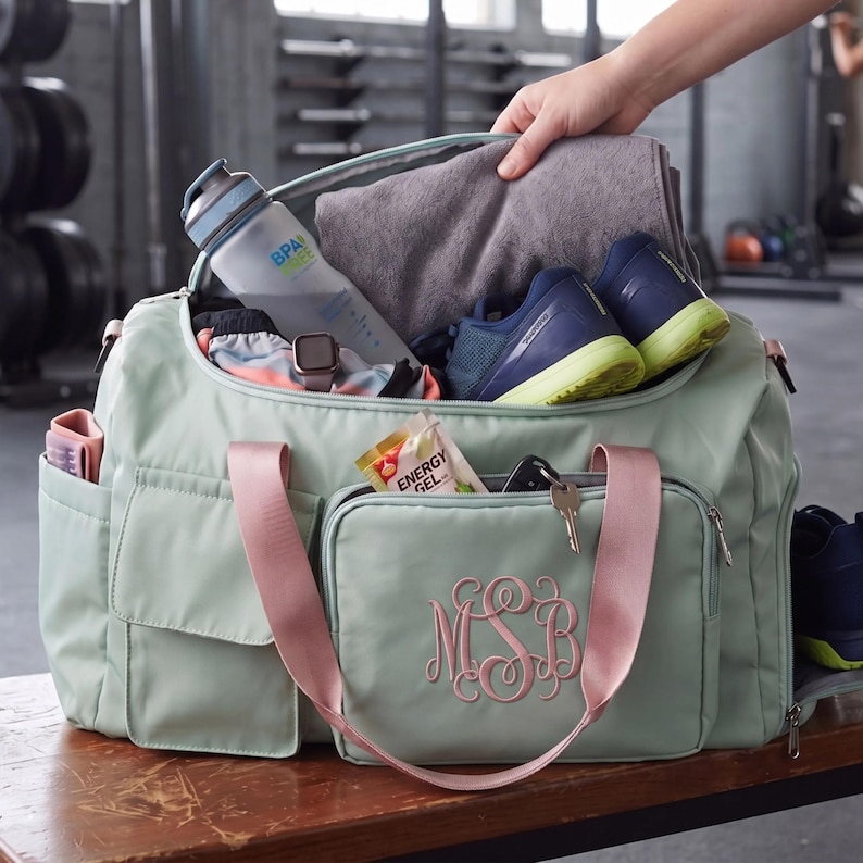 A hand is holding a gym bag filled with various items, including a water bottle, towel, and shoes, in a gym setting.