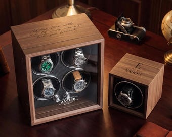 Personalized Wood Watch Winder, Anniversary Gift, Custom Engraved Automatic Wooden Box [N]