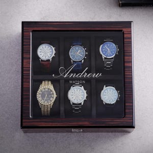 Elegante pianozwarte horlogedoos voor 6 of 10, vaderdagcadeau, luxe cadeau voor hem, op maat gegraveerde horlogevitrine, gepersonaliseerde naam