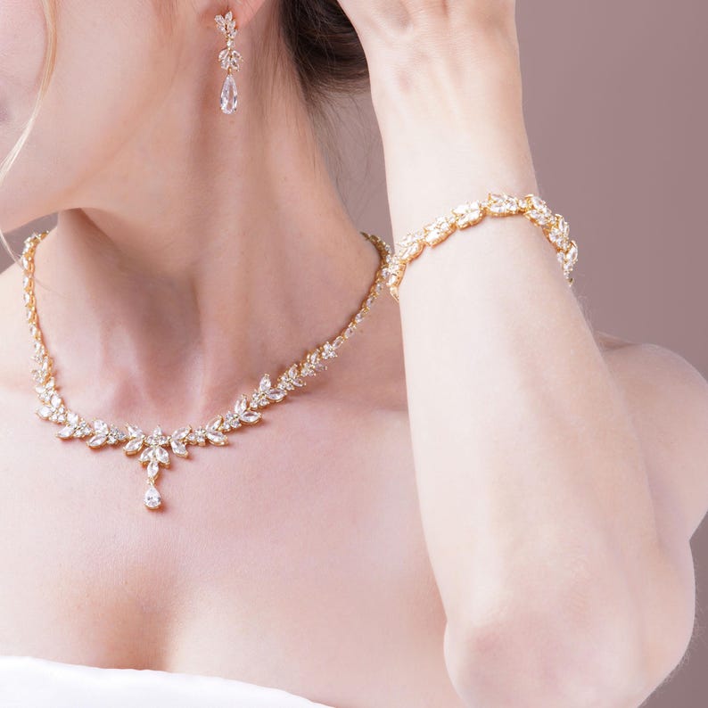 Bridal Necklace, Earrings Set , Crystal Bridal Jewelry Set , Bridal Bracelet, Drop Earrings , Wedding Jewelry , Silver Bridal Jewelry image 1