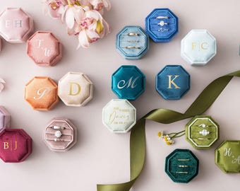 Personalized Velvet Ring Box, Wedding Gift, Triple Slot Wedding Ring Box, Anniversary Gift, Engagement Ring Box, Proposal Ring Bearer [T]