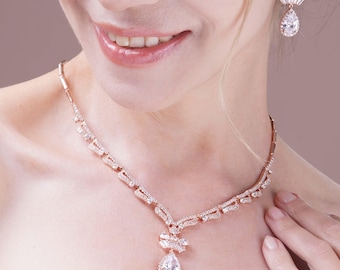 Silver Bridal Necklace Set , Crystal Wedding Jewelry , Bridal Jewelry Set , Bridal Necklace, Drop Earrings Set , Rosegold Bridal Jewelry