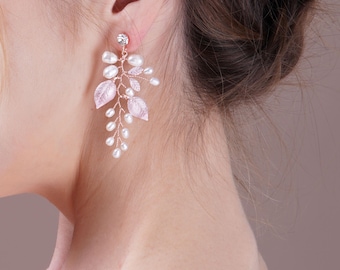 Bridal Boho Pearl Earrings , Wedding Leaf Earrings , Bridal Vine Earrings , Rose Gold Wedding Earrings , Silver Bridal Earrings