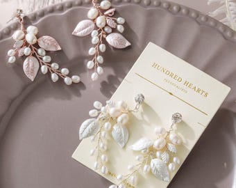 Wedding Boho Pearl Earrings, Bridal Leaf Earrings , Bridal Vine Earrings , Rose Gold Wedding Earrings , Silver Bridal Earrings