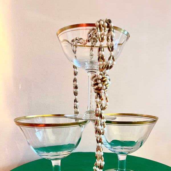 Rare Gold Rim Champagne Coupe Glasses - Set of 6 - 1920s art deco Glass - Gatsby Antique Glass  Barware Collection