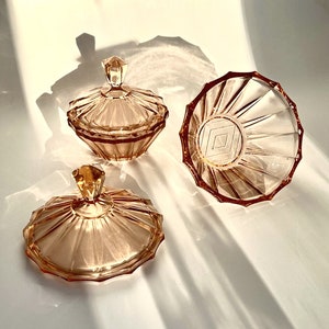 Vintage Pink Coloured Glass Trinket Pots | Art Deco Glass Vintage Homewares | 1930s Pink Depression Glass