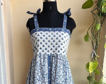 Blue Floral Block Print Cotton Sundress: Indian Maxi Dress with Pockets Summer Dress