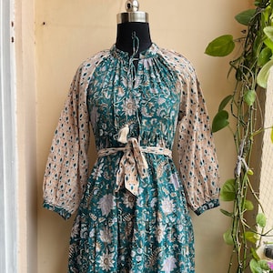 mix color floral printed cotton long maxi dress, v neckline cotton maxi dress, 3/4th sleeve with button maxi dress, long sleeve dress